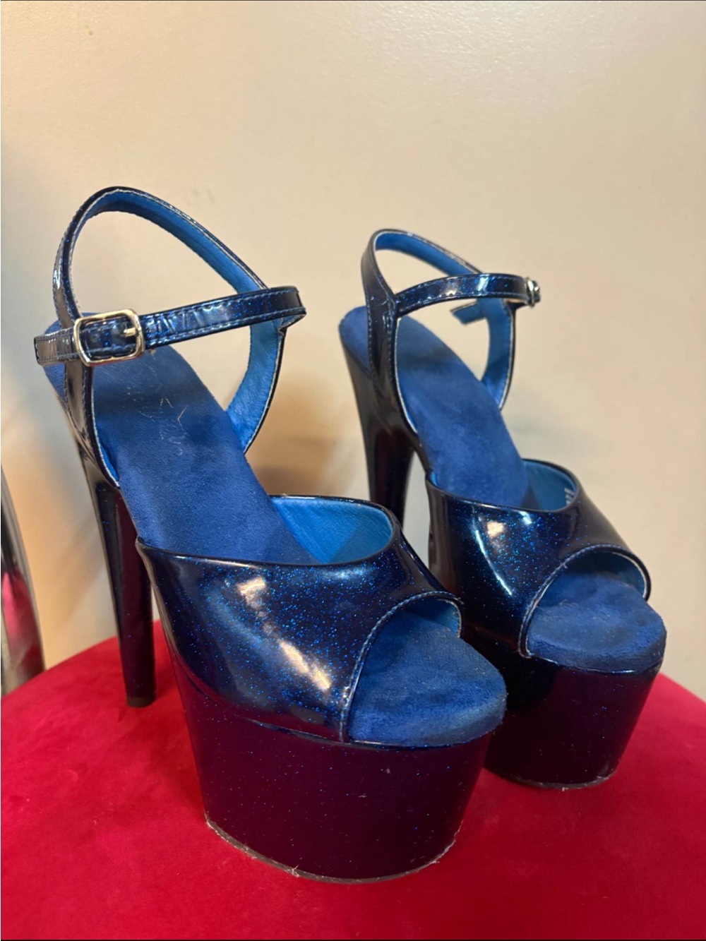 Pleaser brand Dark Blue Platform High Heel Sandals with Ankle Strap